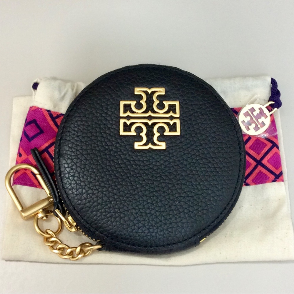 Authentic Tory Burch Britten Coin Purse Key Fob Rare Black Leather